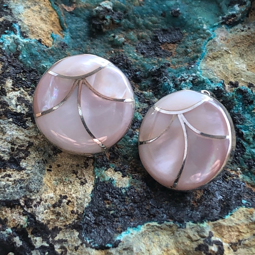 Inlaid Pink Shell Sterling Silver Clip On Earrings